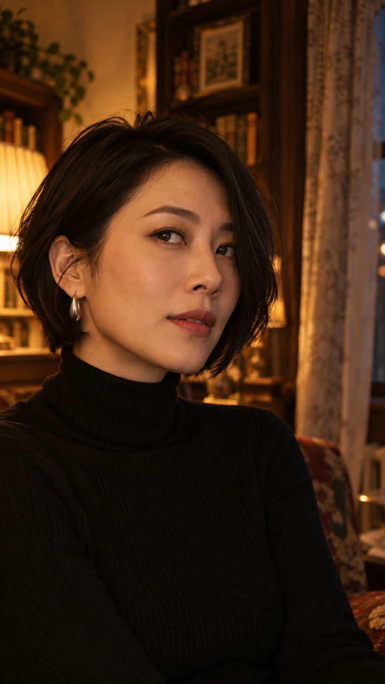 AI-generated adult woman in a three-quarter close-up indoors