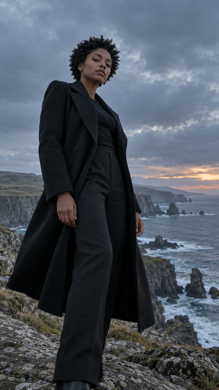 AI-generated adult woman photographed from below on a coastal overlook