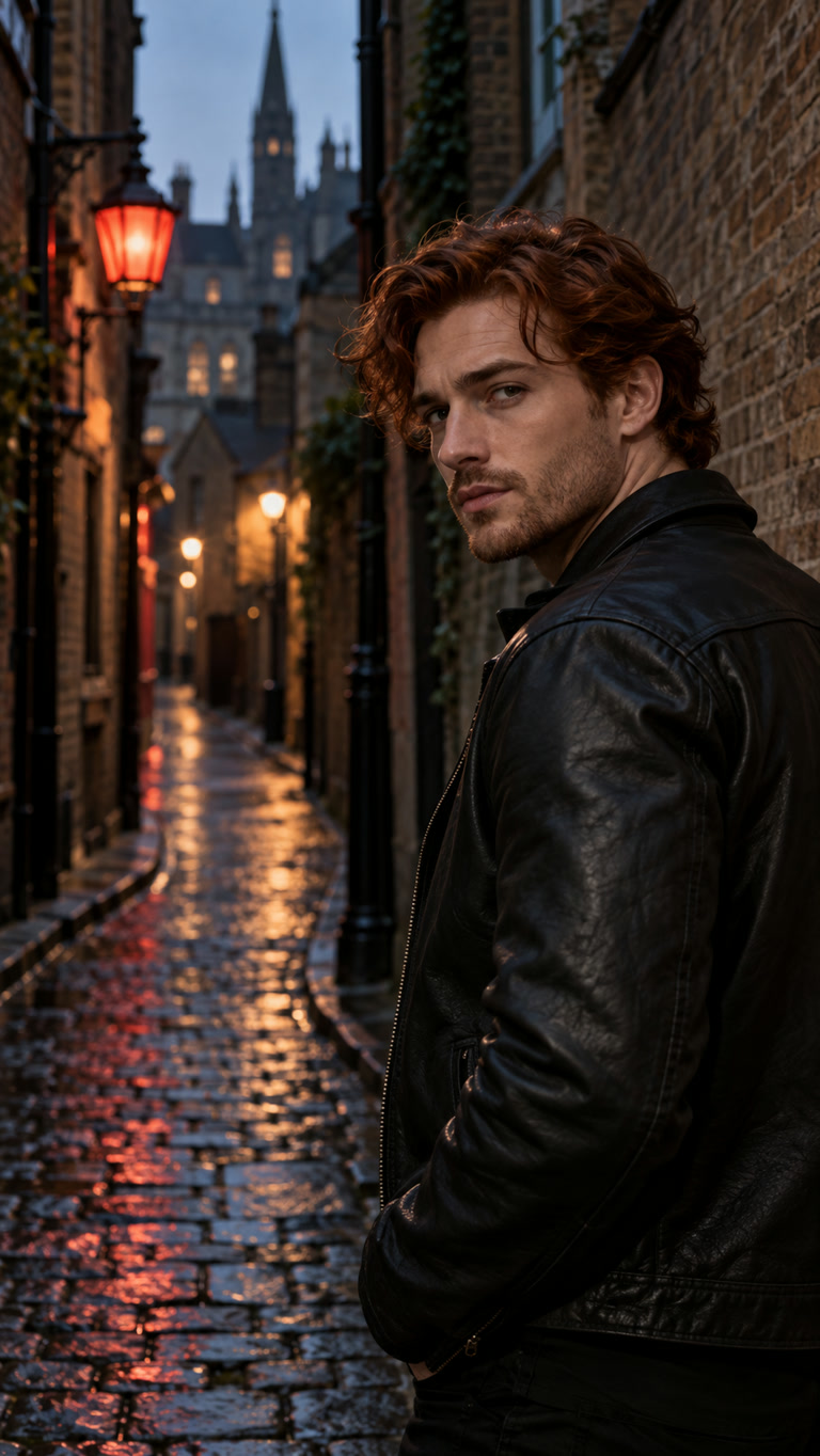 AI-generated adult man looking over his shoulder in a brick alley